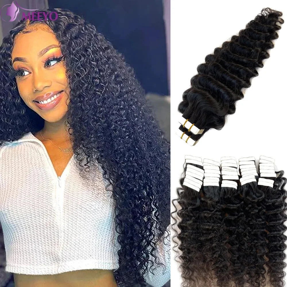 Tape In Hair Extensions Human Hair Deep Wave Invisible Brazilian Curly