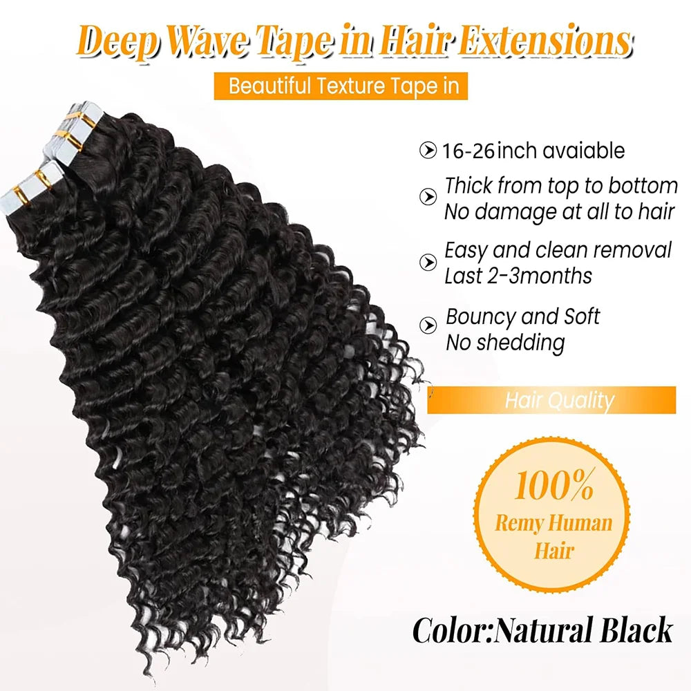 Tape In Hair Extensions Human Hair Deep Wave Invisible Brazilian Curly
