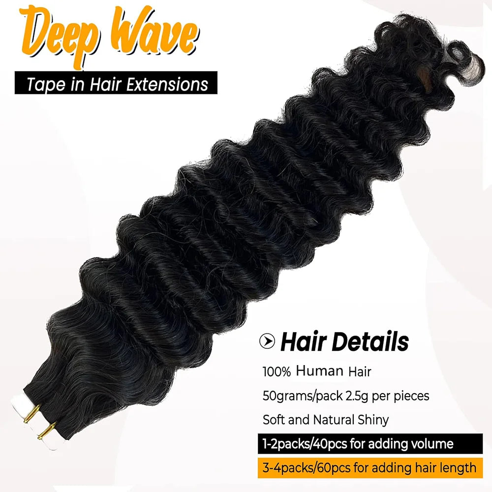 Tape In Hair Extensions Human Hair Deep Wave Invisible Brazilian Curly